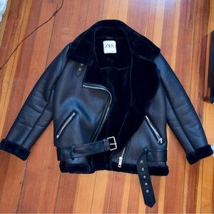 Zara Black Shearling-Lined Leather Jacket